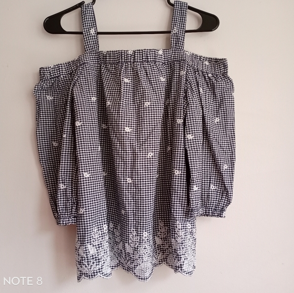 Dressbarn Westport cotton embroidered plaid 3/4 sleeves boho spring summer top - Picture 3 of 7